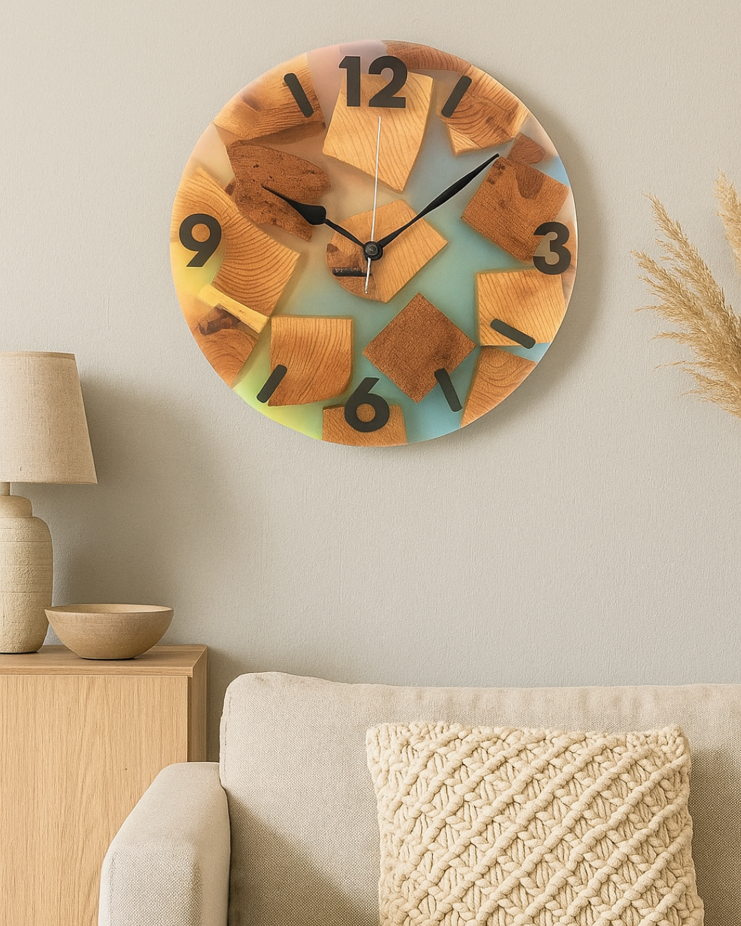 Pearl Green Resin Wall Clock – Wood Oak Elegance with a Modern Touch