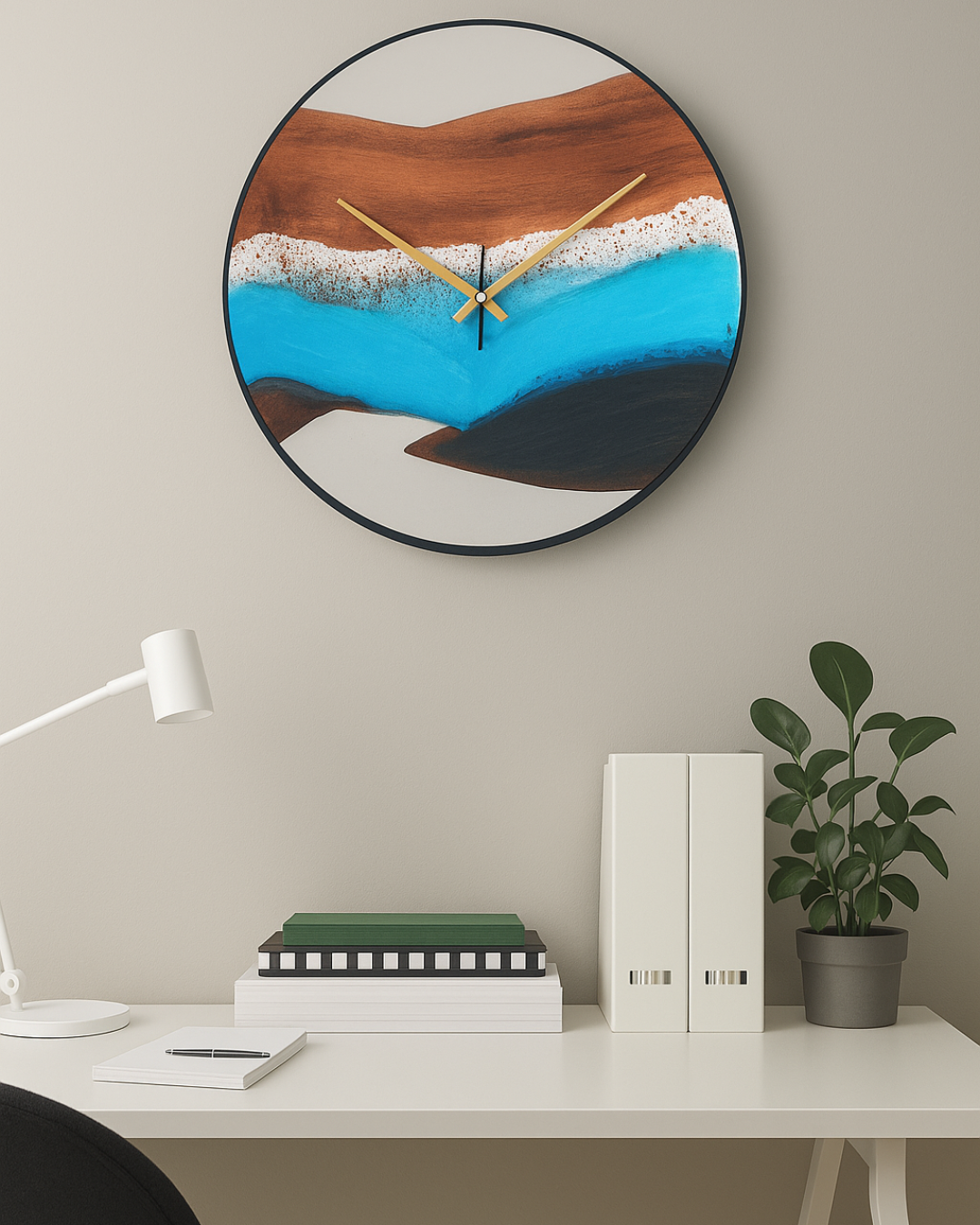 Ocean-Themed Wooden Wall Clock – Acacia Wood & Resin Elegance