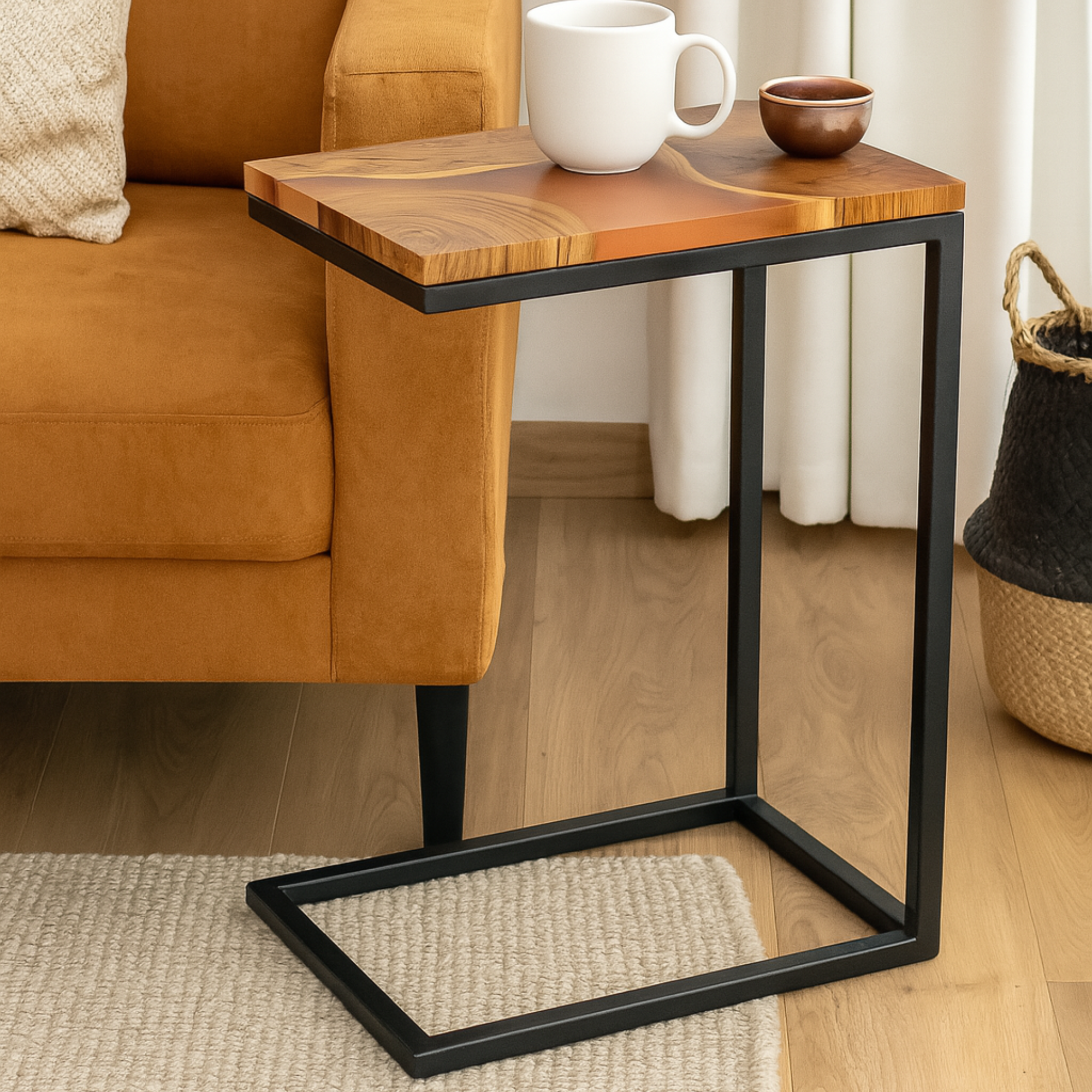 Premium Side Table – Teak Wood with Brown Resin Finish