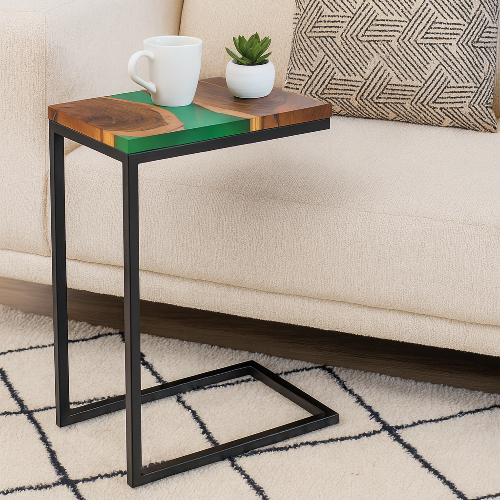 Premium Side Table – Teak Wood with Green Resin Finish