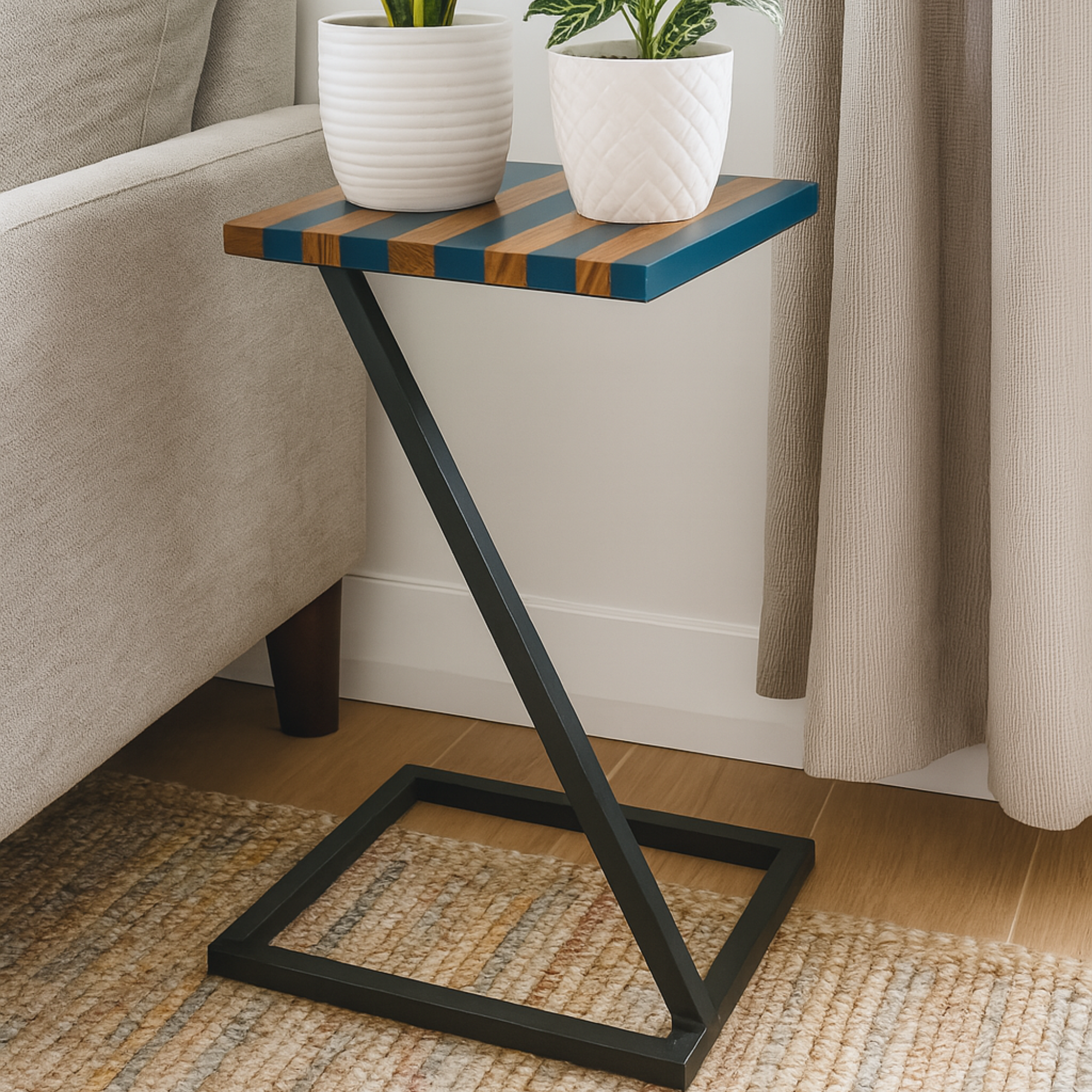 Epoxy Solid Wood End Table – Teak Wood with Ultramarine Blue Resin Finish