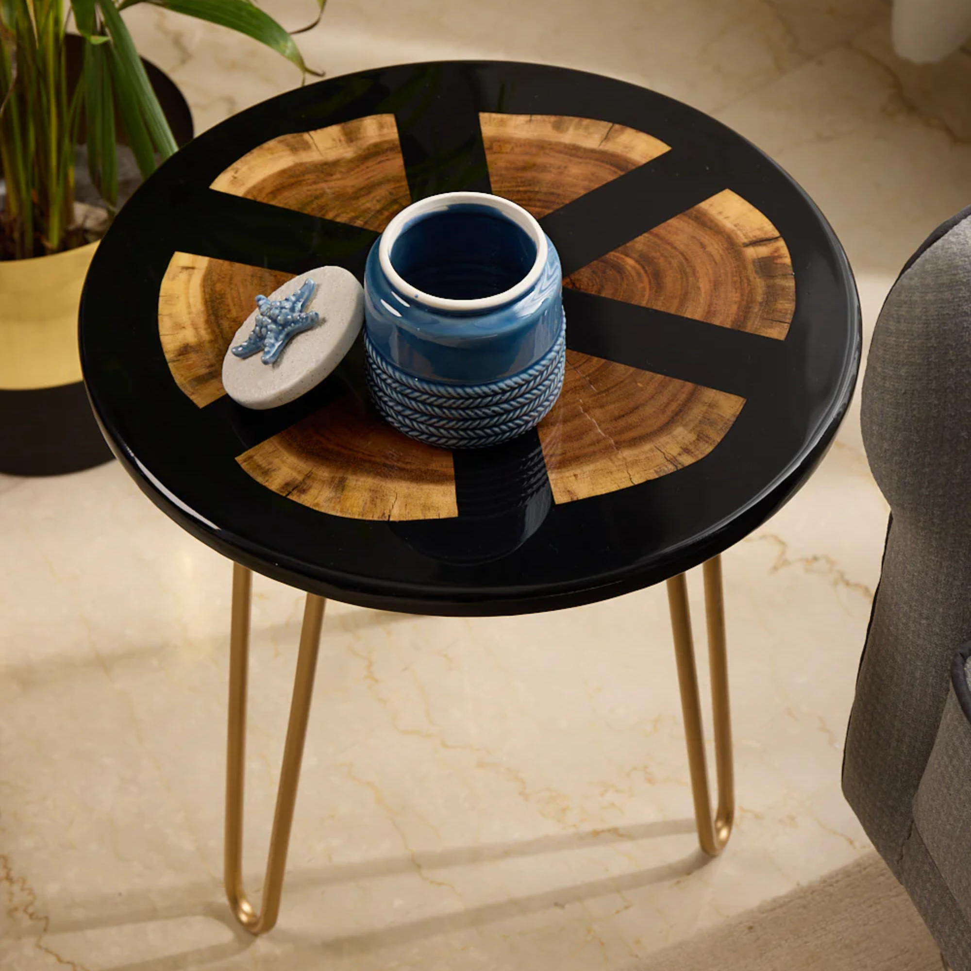 Round Coffee Table  Acacia Wood with Black Resin Finish