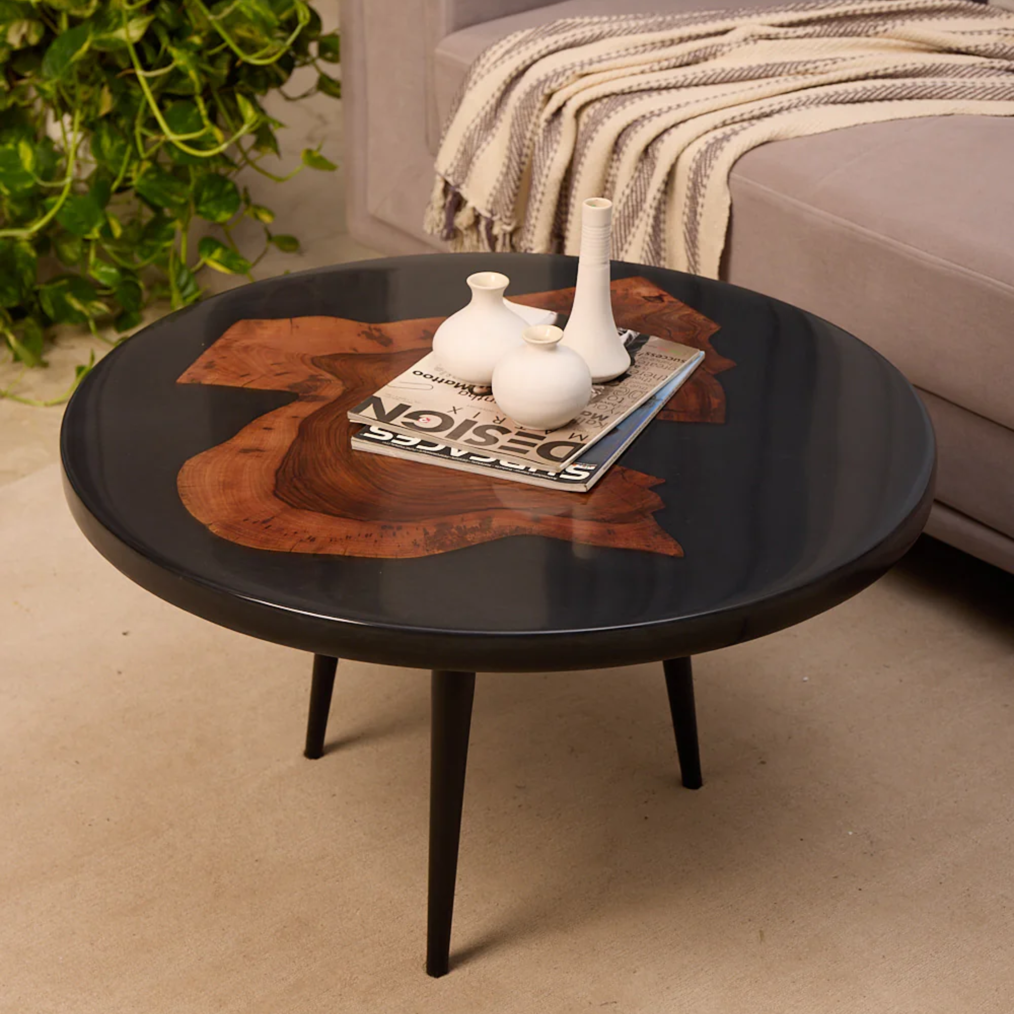 Coffee Table Acacia Wood with Black Resin Finish