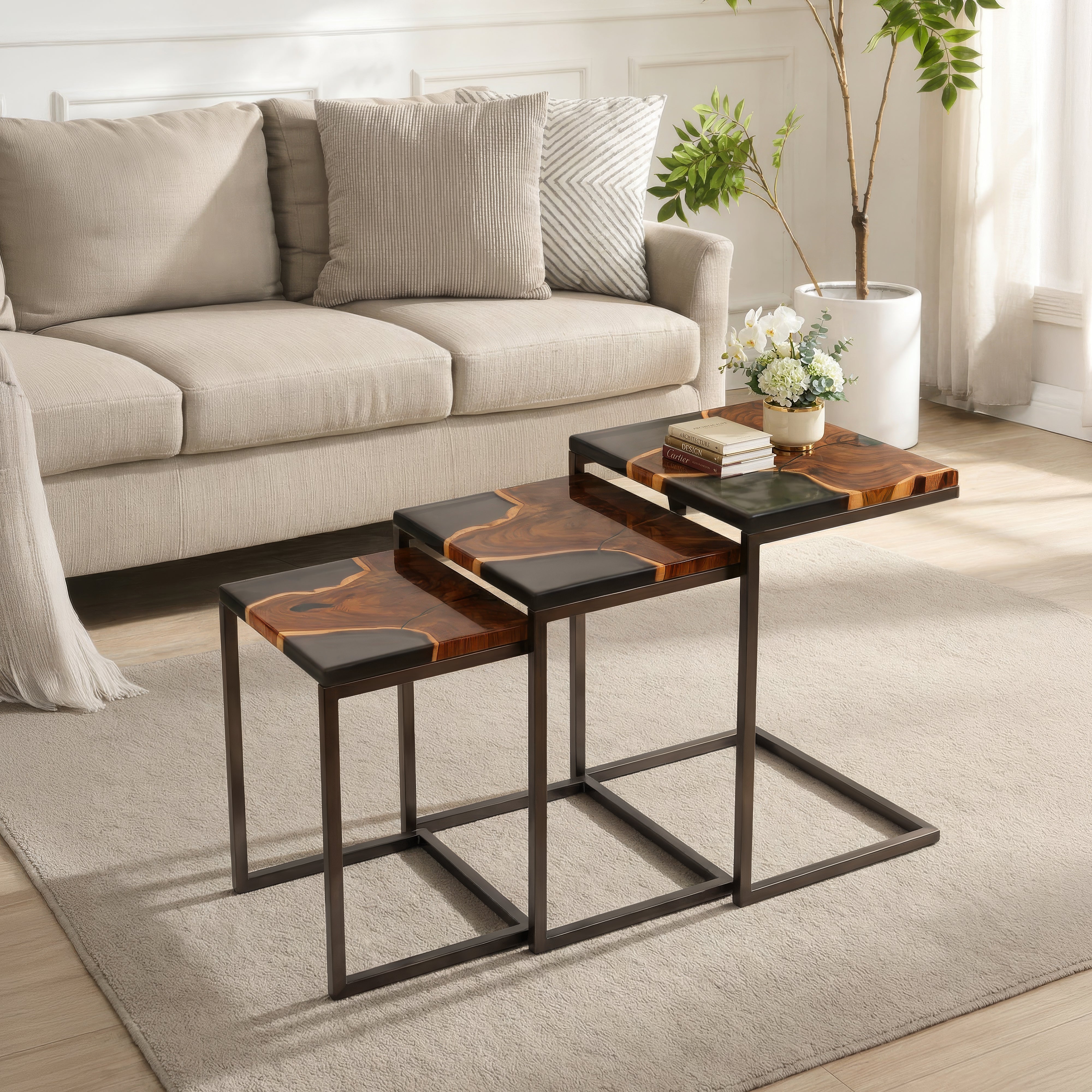 Aurelia Trio Nesting Tables – Wood & Grey Resin