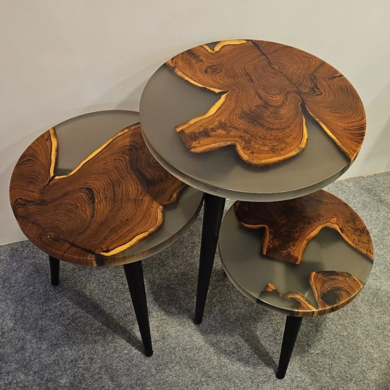 Nesting Table Set of 3 – Teak Wood with Tinted Grey Resin Finish-Gloss