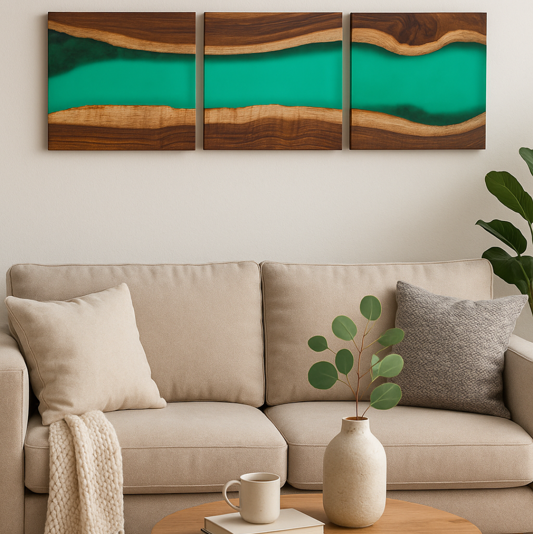 Handcrafted Acacia Wood Wall Panel with Translucent Green Resin Accent (40 cm x 40 cm)