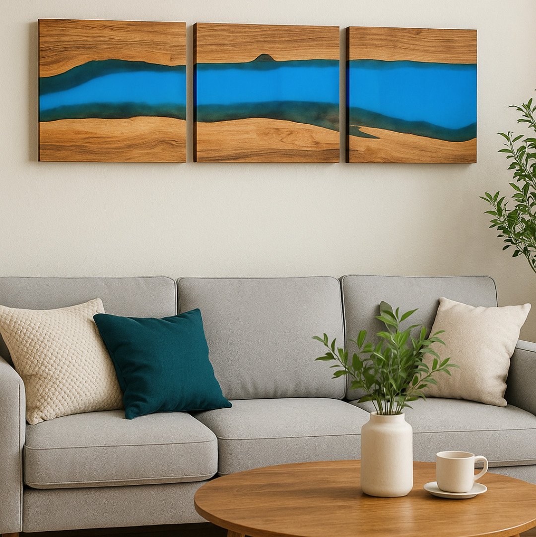 Handcrafted Acacia Wood Wall Panel with Ultramarine Blue Resin Accent (40 cm x 40 cm)
