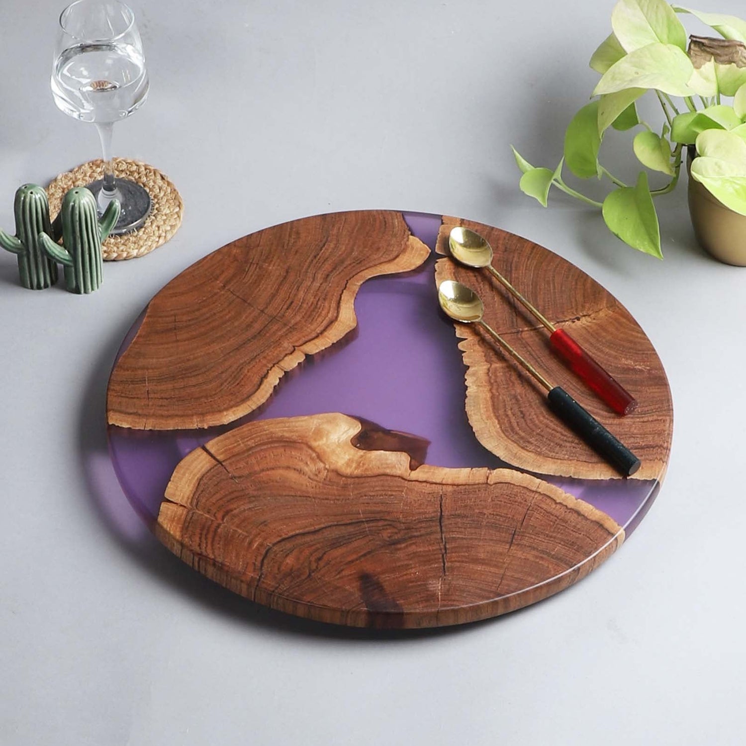 Round Wooden & Resin Platter - Purple Inlay