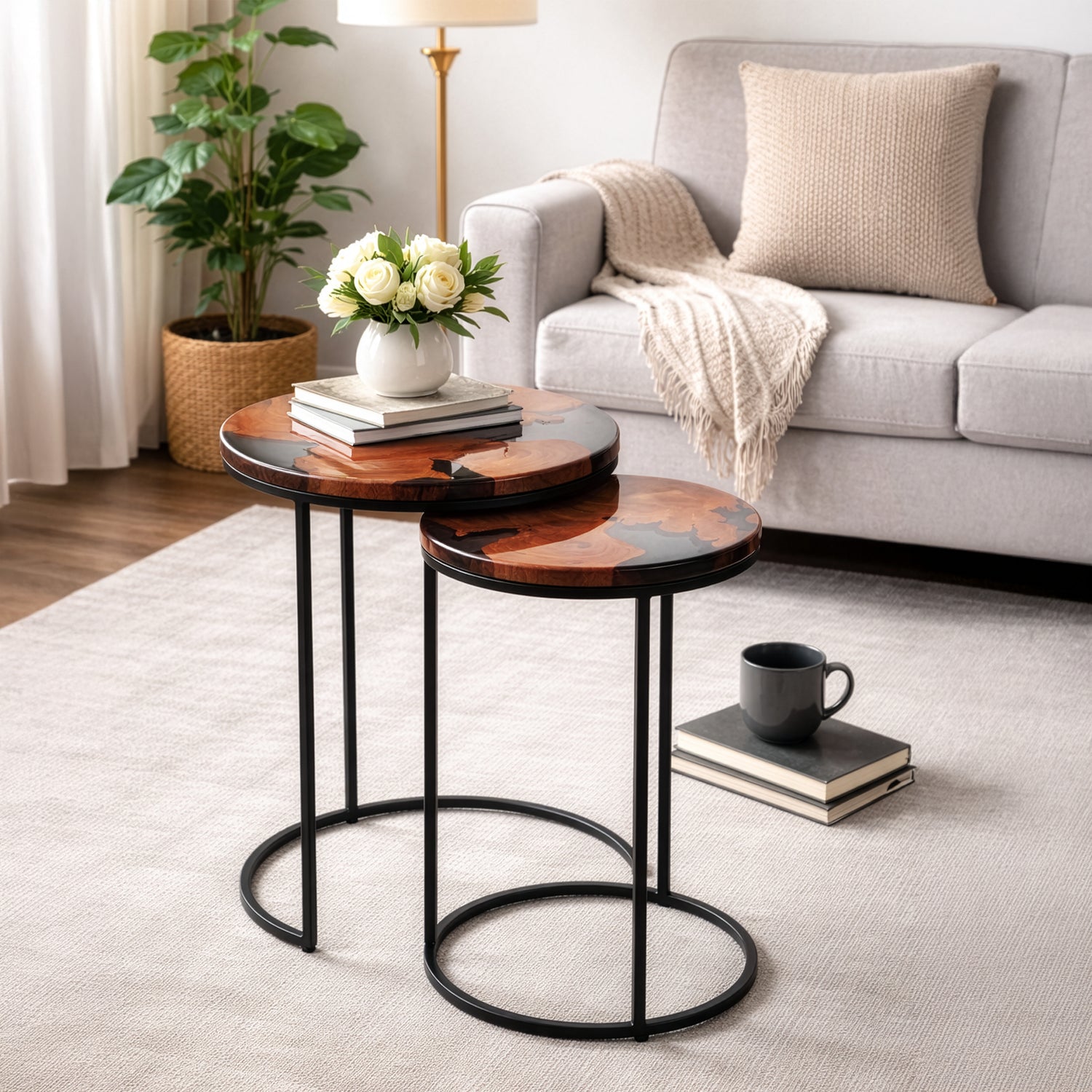 Premium Wood & Resin Nesting Table Set – Modern Black Metal Base Acacia Wood