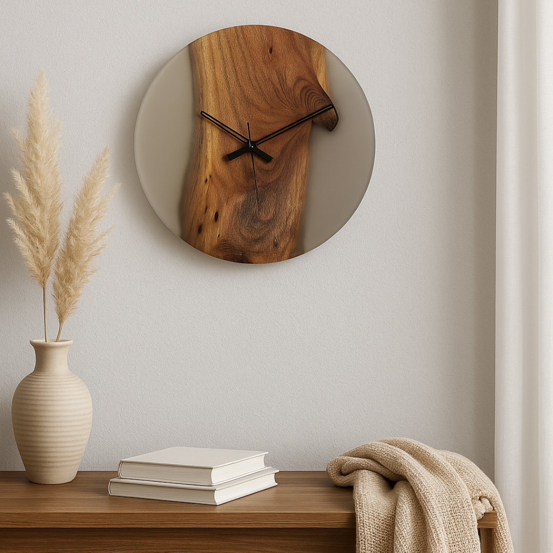Tinted Grey Resin Wall Clock – Acacia Wood Masterpiece with Modern Charm