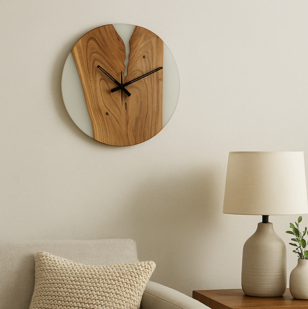 White Resin Wall Clock – Acacia Wood Elegance with a Modern Touch