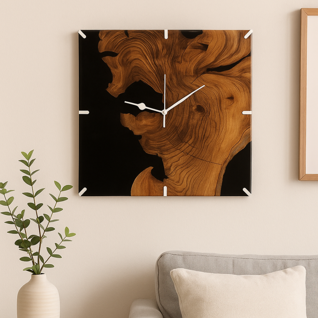 Stylish Resin Wall Clock – Teak Wood & Black Resin Elegance