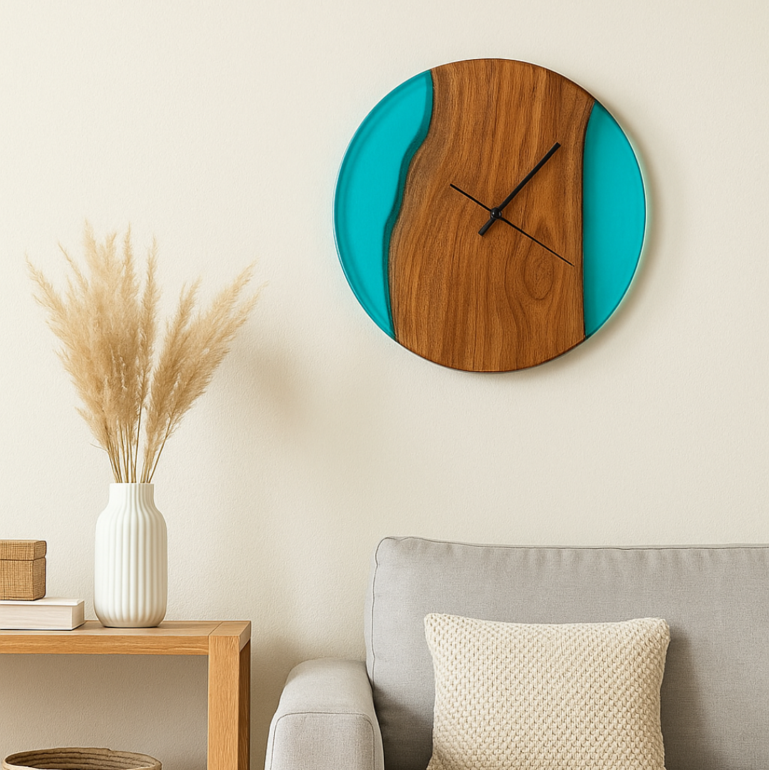 Resin Wall Clock – Elegant Fusion of Acacia Wood & Resin-Blue