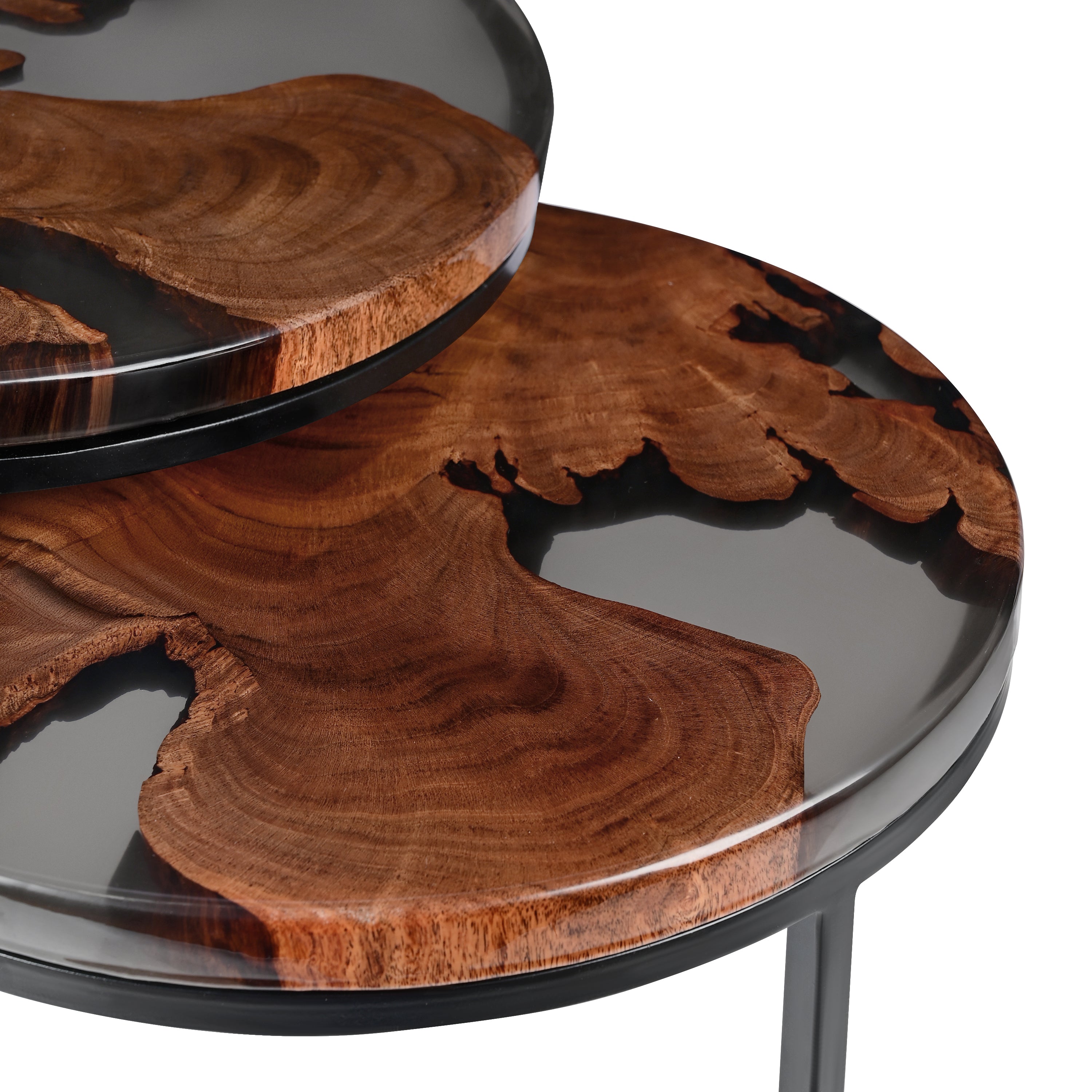 Premium Wood & Resin Nesting Table Set – Modern Black Metal Base Acacia Wood