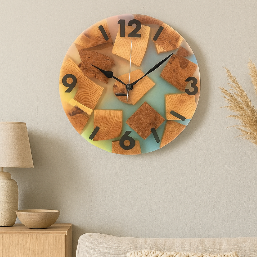 Pearl Green Resin Wall Clock – Wood Oak Elegance with a Modern Touch