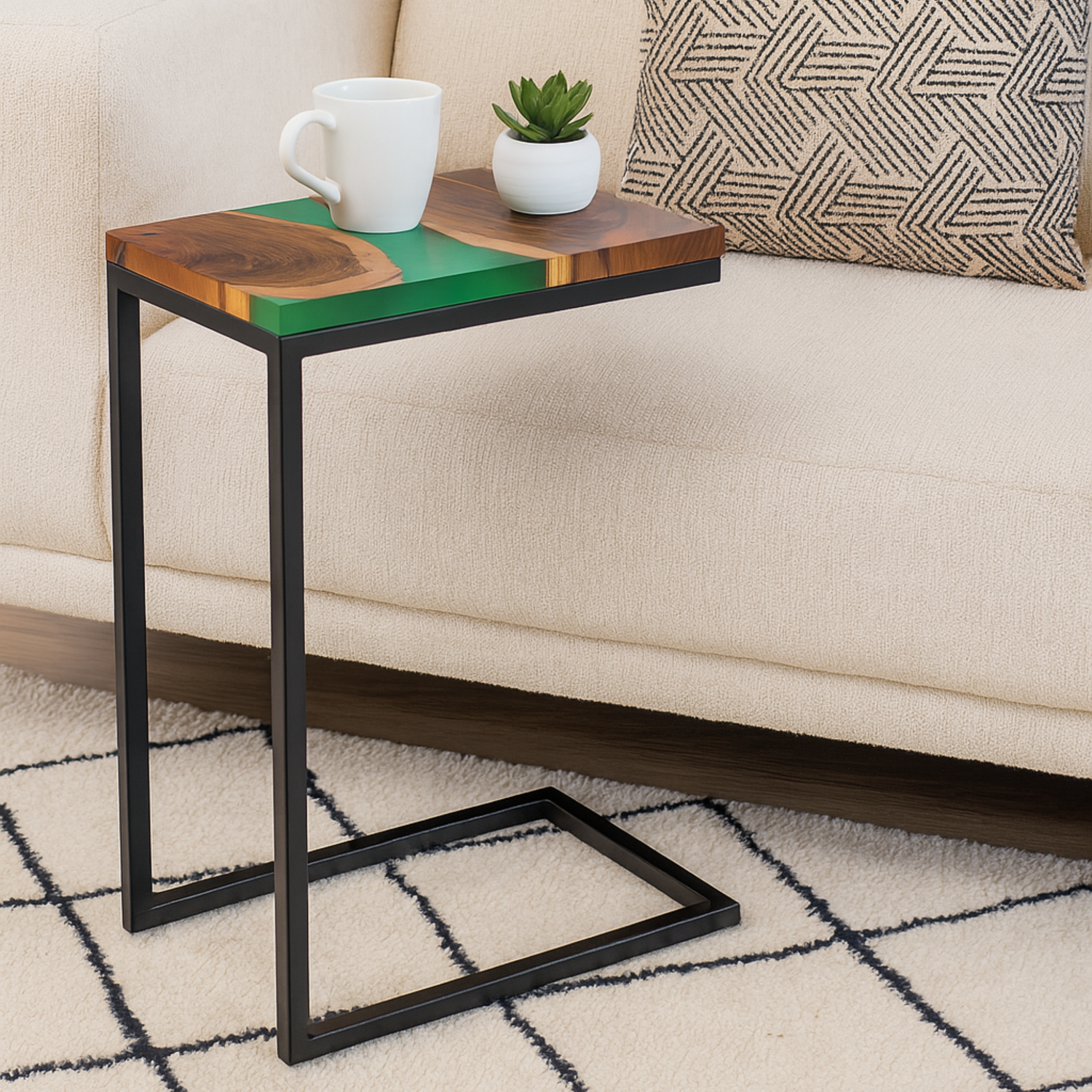 Premium Side Table – Teak Wood with Green Resin Finish