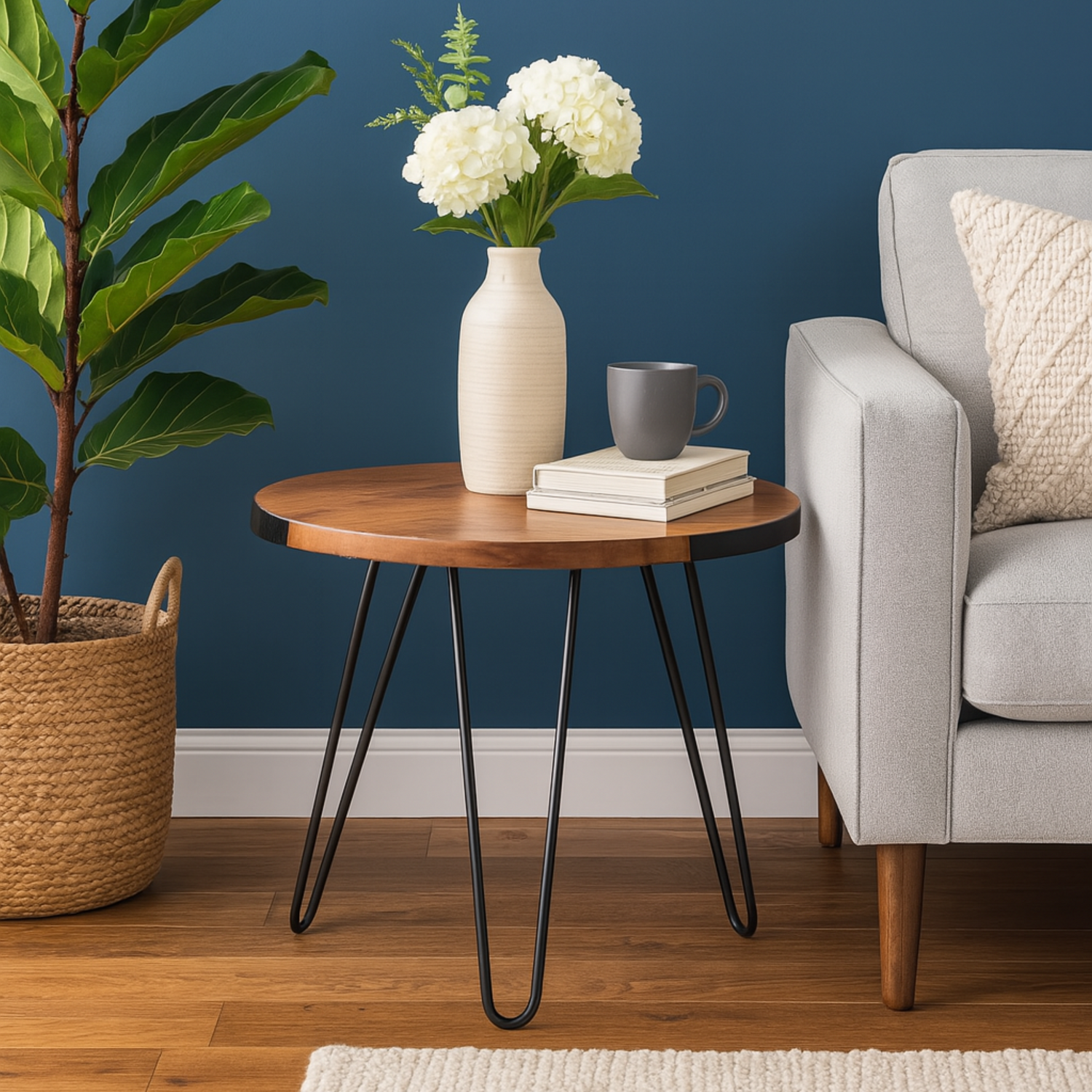 Round Side Table with Hairpin Legs, Wooden and Resin Top with Metal Base