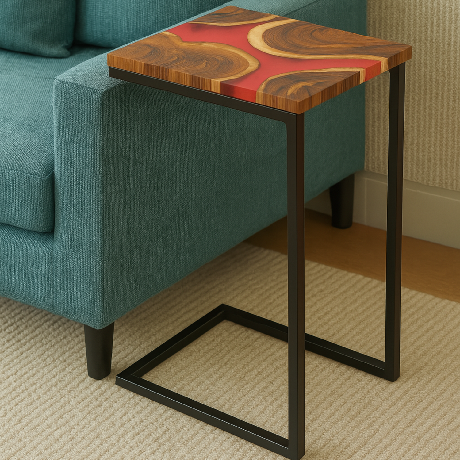 Premium Side Table – Teak Wood with Red Resin Finish