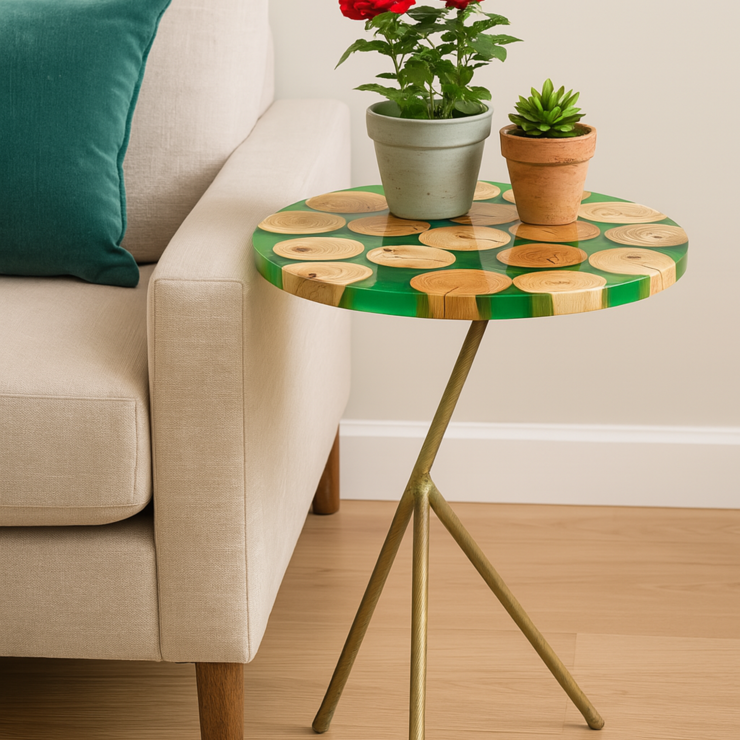 Handcrafted Round Epoxy Wood Side Table with Gold Tripod Base
