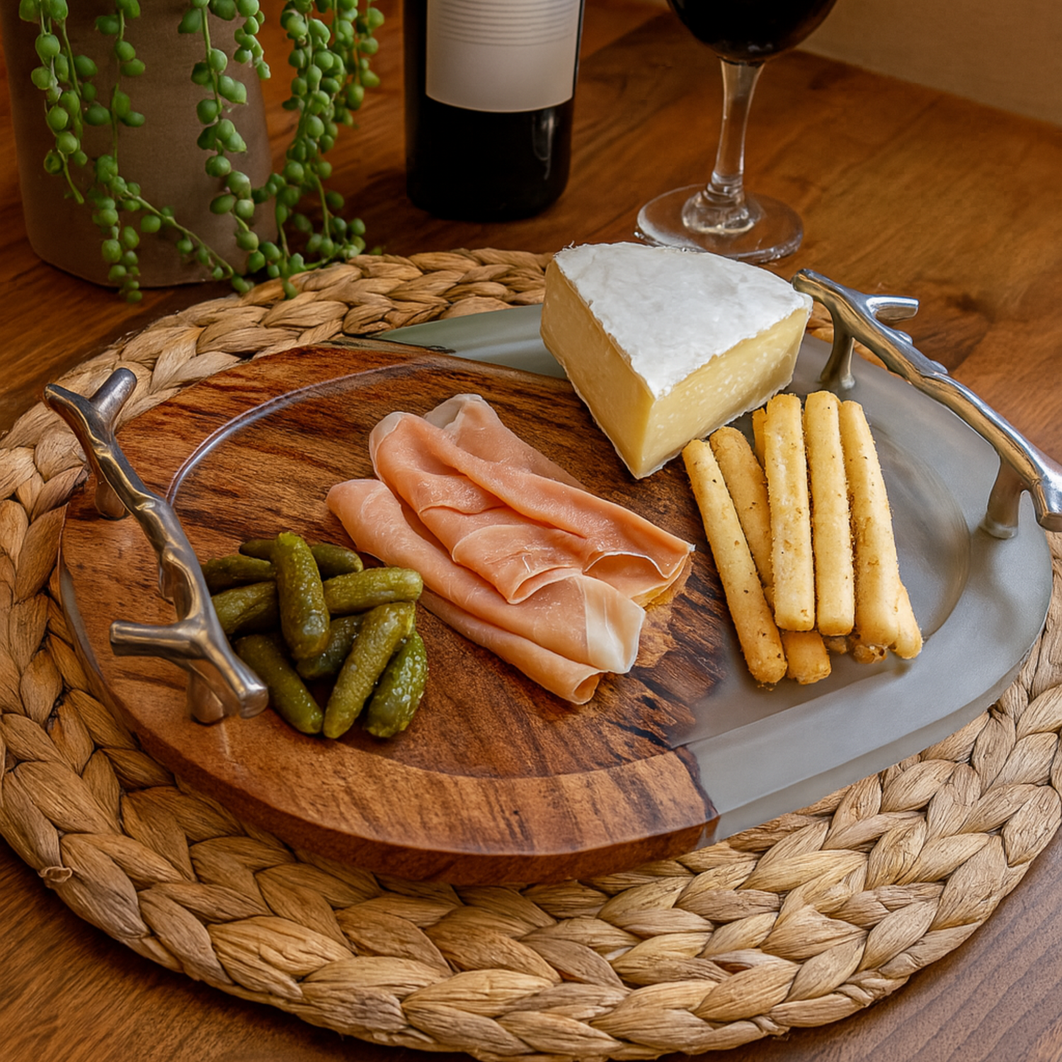 Wooden Tray with Handles – Acacia Wood, transparent Resin Finish