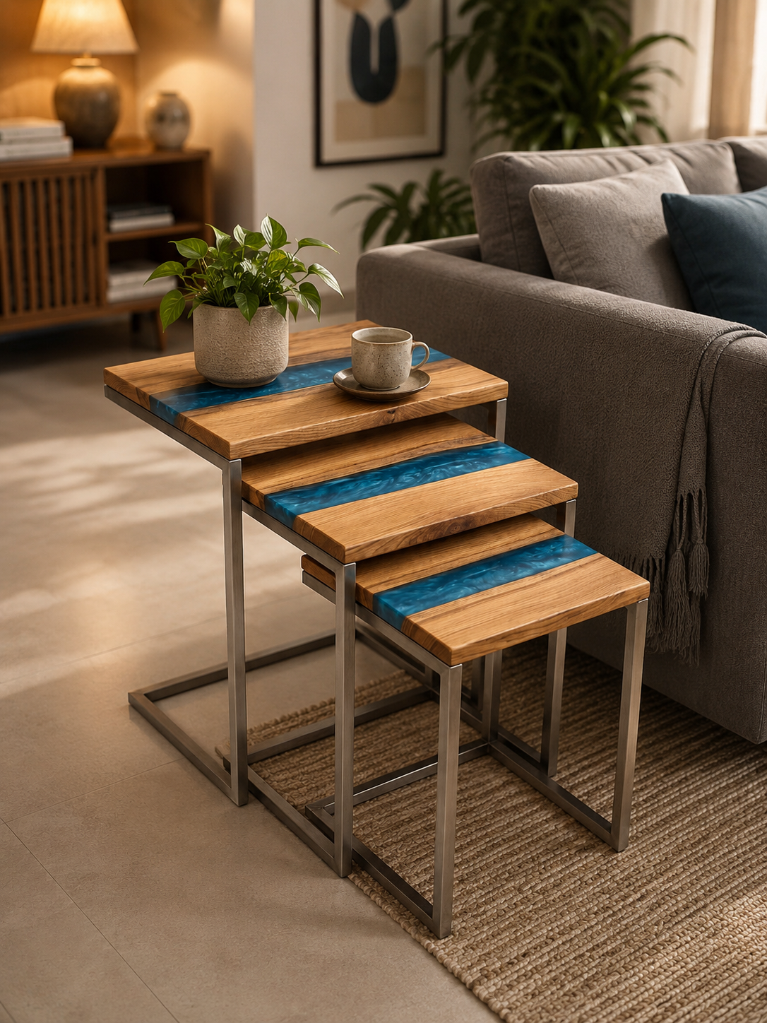 Wood & Blue Resin Nesting Table Set of 3 – Handcrafted Modern Side Tables with Stainless Steel Legs