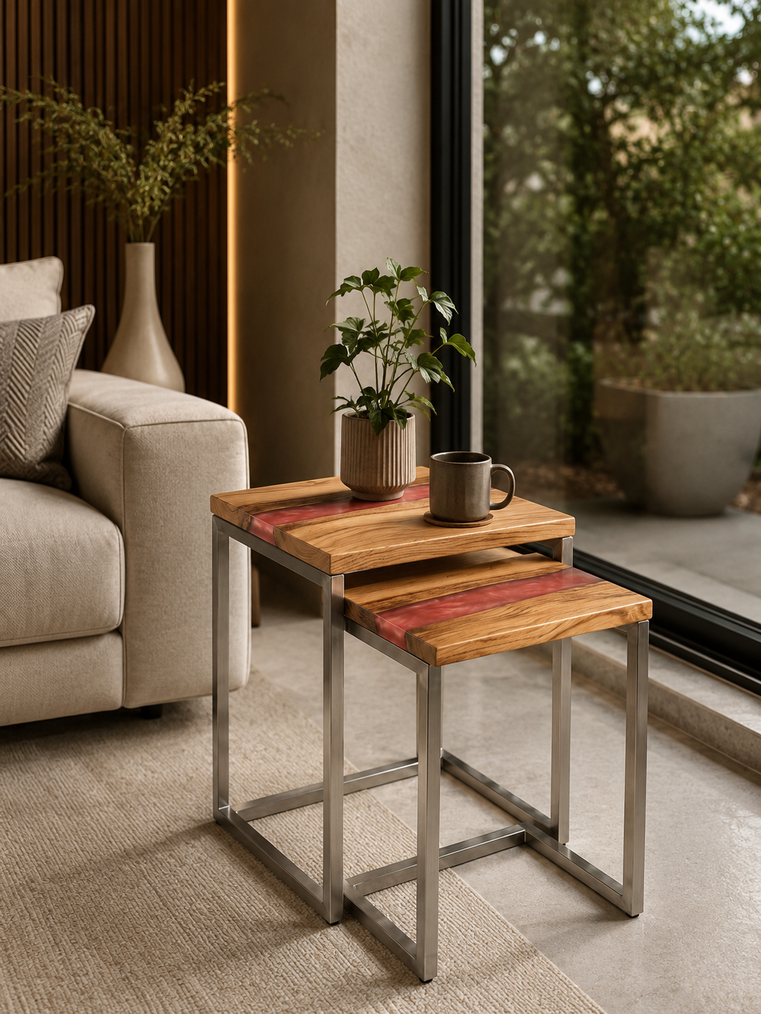 Premium Wood & Pink Resin Nesting Table Set of 2 | Handcrafted Side Tables with Stainless Steel Legs