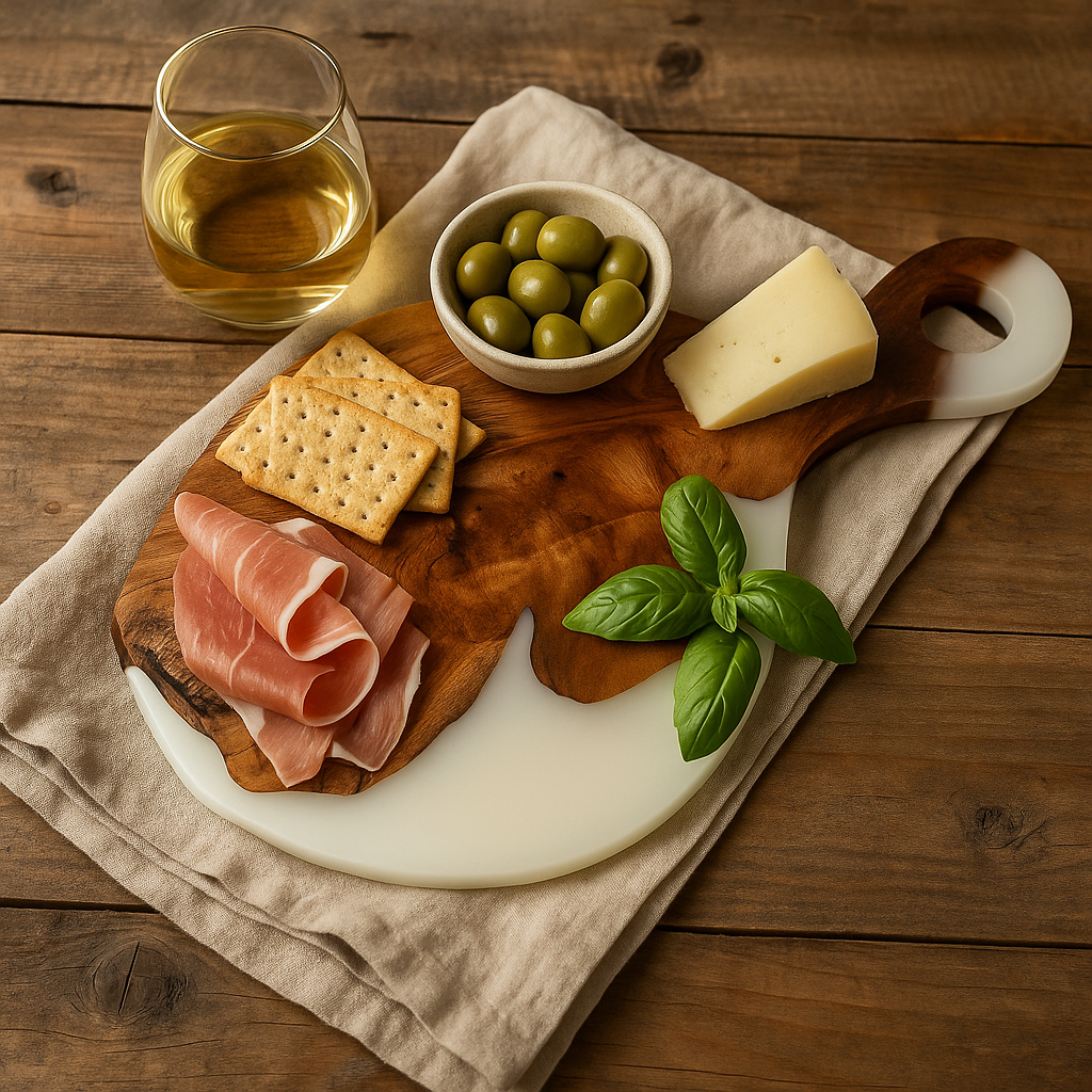 Handcrafted Acacia Wood & Resin Cheese Board/Serving Platter with Handle