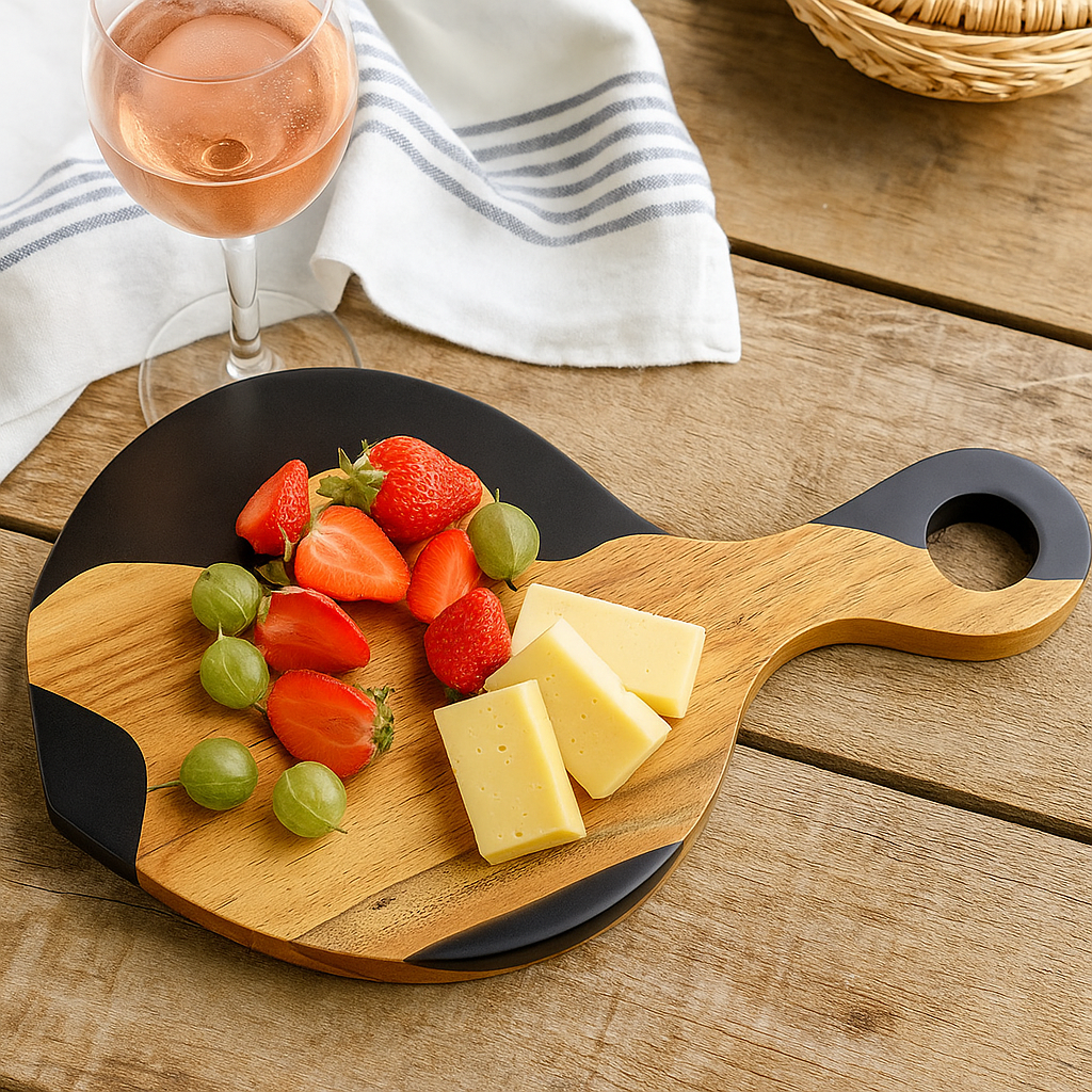 Handcrafted Acacia Wood & Resin Cheese Board/Serving Platter with Handle-Black