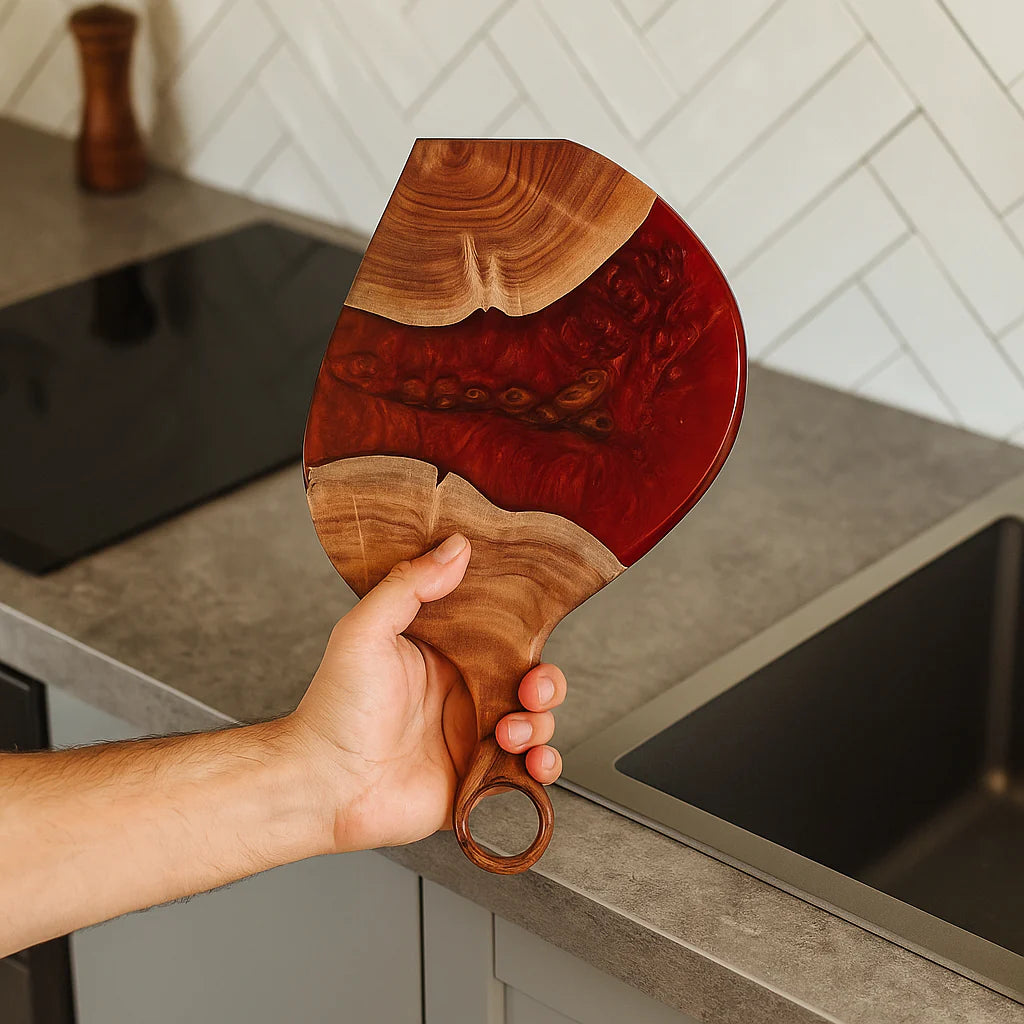Cheese Board Platter – Acacia Wood with Pearl Red Resin Finish
