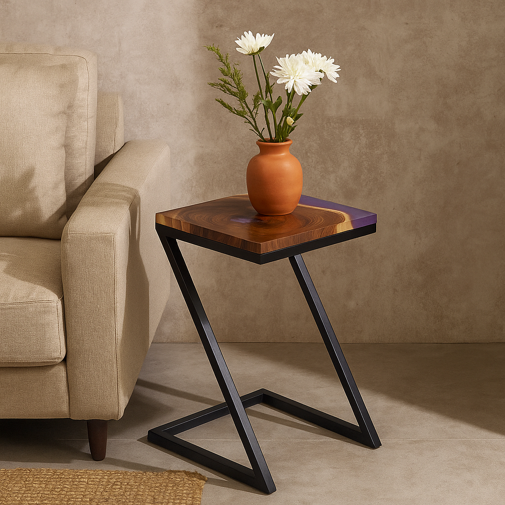 Epoxy Solid Wood End Table – Teak Wood with Violet Resin Finish