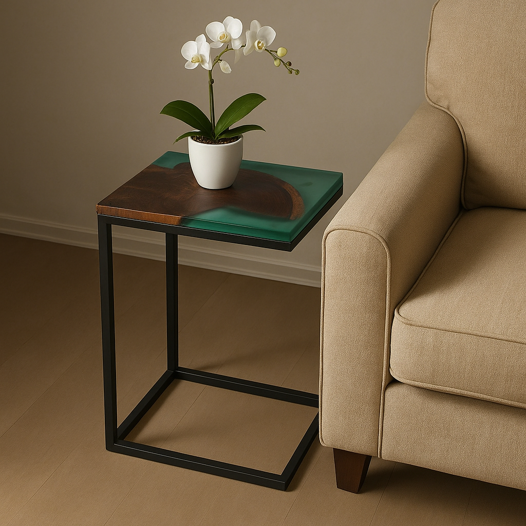 Premium Side Table – Acacia Wood with Translucent Green Resin Finish