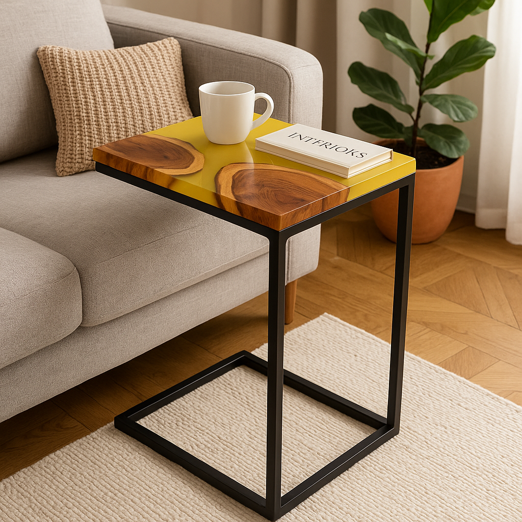 Premium Side Table – Teak Wood with Lemon Resin Finish