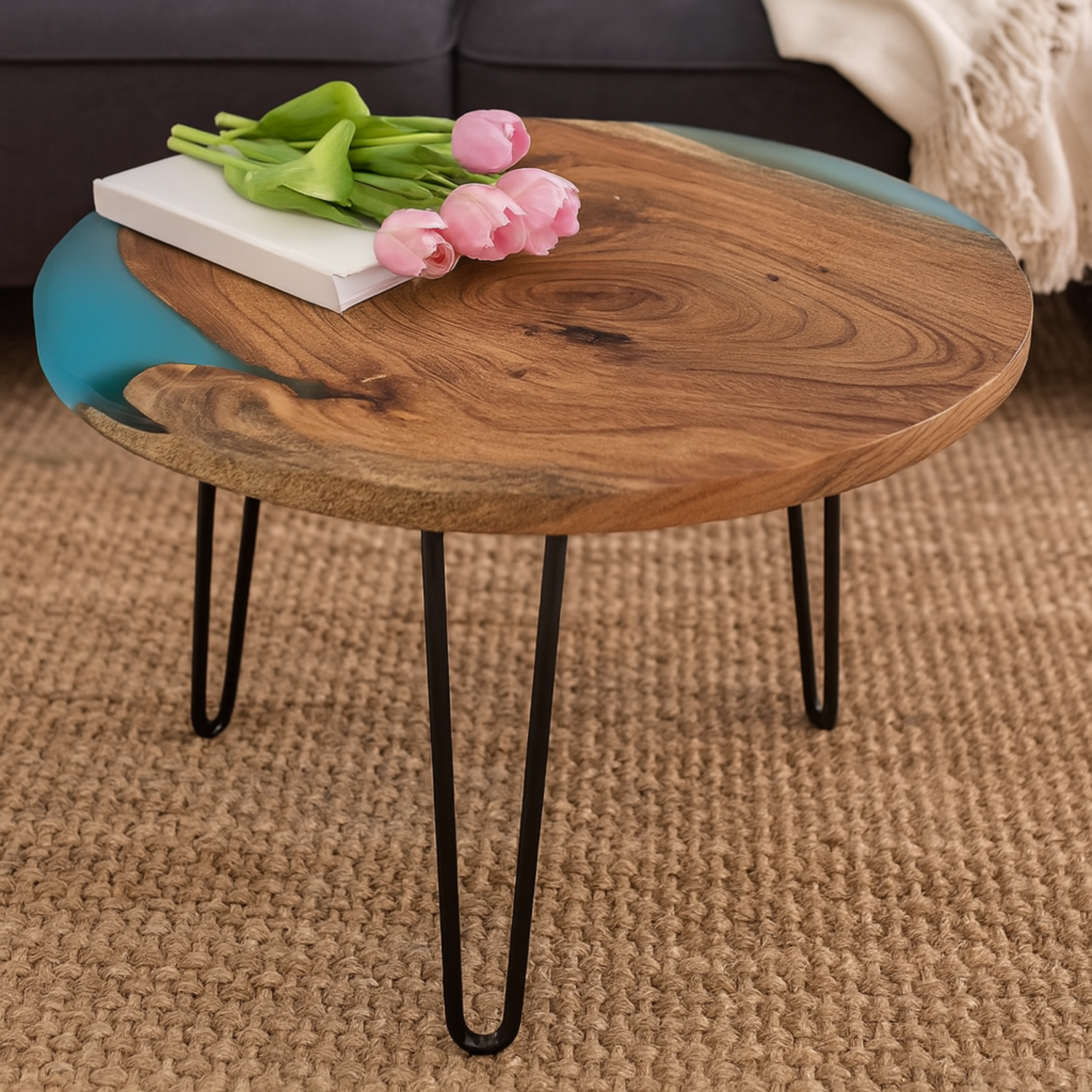 Round Side Table with Hairpin Legs, Wooden and Resin Top with Metal Base