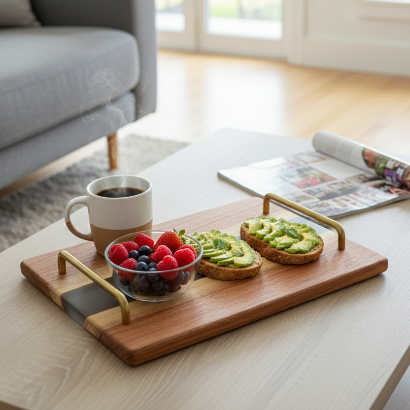 Handcrafted Acacia Wood & Grey Epoxy Serving Tray with Gold Handles
