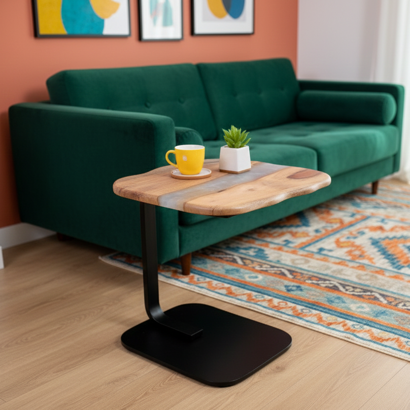 C-Shaped Wood & Pearl-Resin Side Table