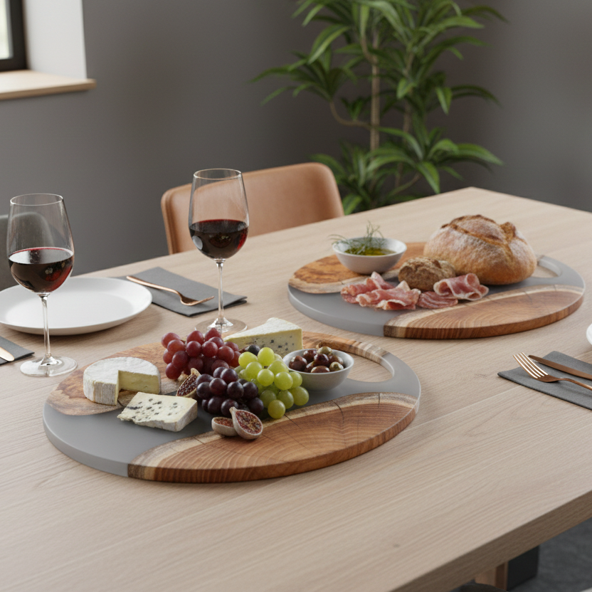 Grey Epoxy & Natural Acacia Wood Organic Platters – Set of 2 Grey Resin Platters