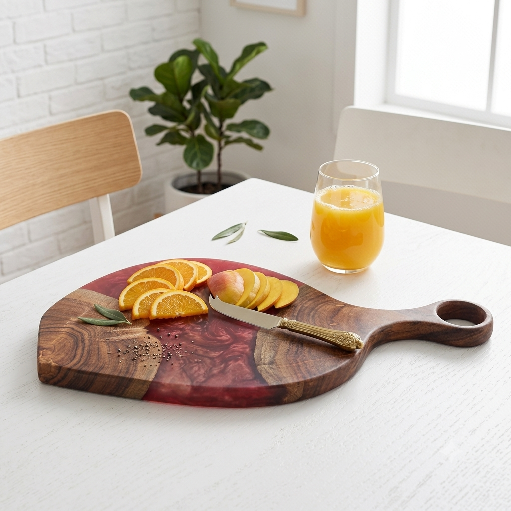 Cheese Board Platter – Acacia Wood with Pearl Red Resin Finish
