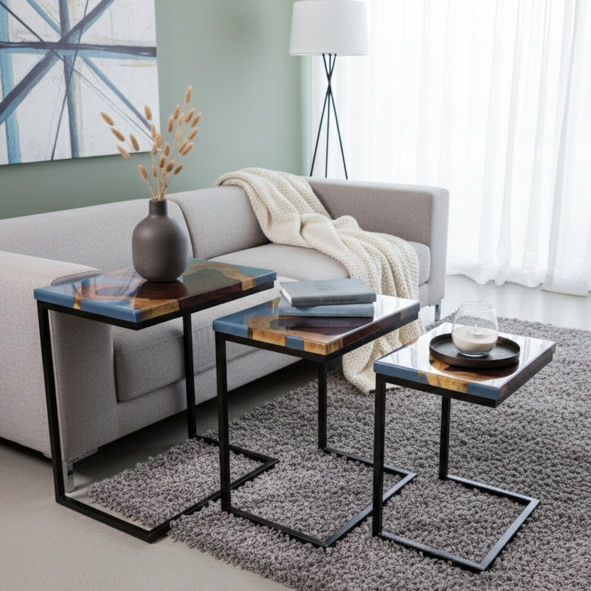 Live-Edge Blue Resin C-Table – Set of 3 (Handcrafted)