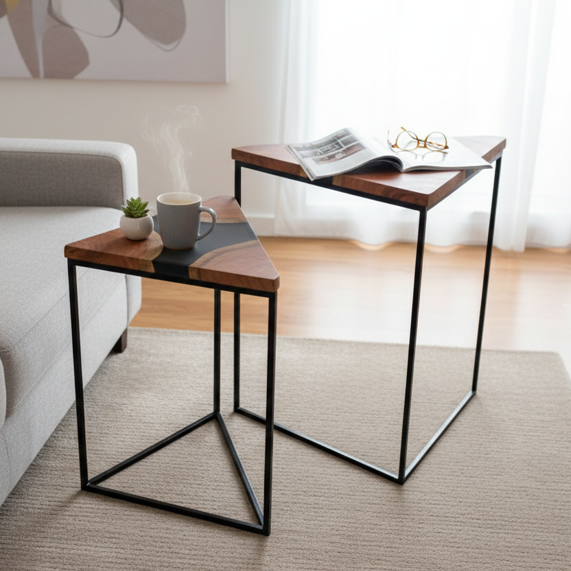 Handcrafted Triangular Wood & Black Epoxy Nesting Tables – Set of 2