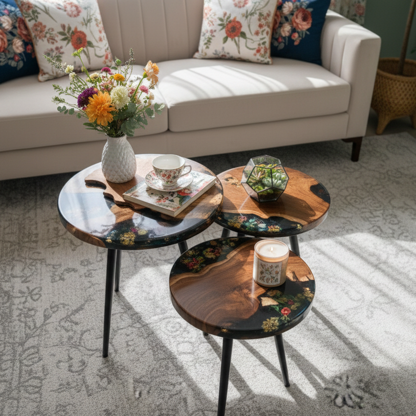Black Floral Epoxy & Natural Wood Nesting Tables – Set of 3