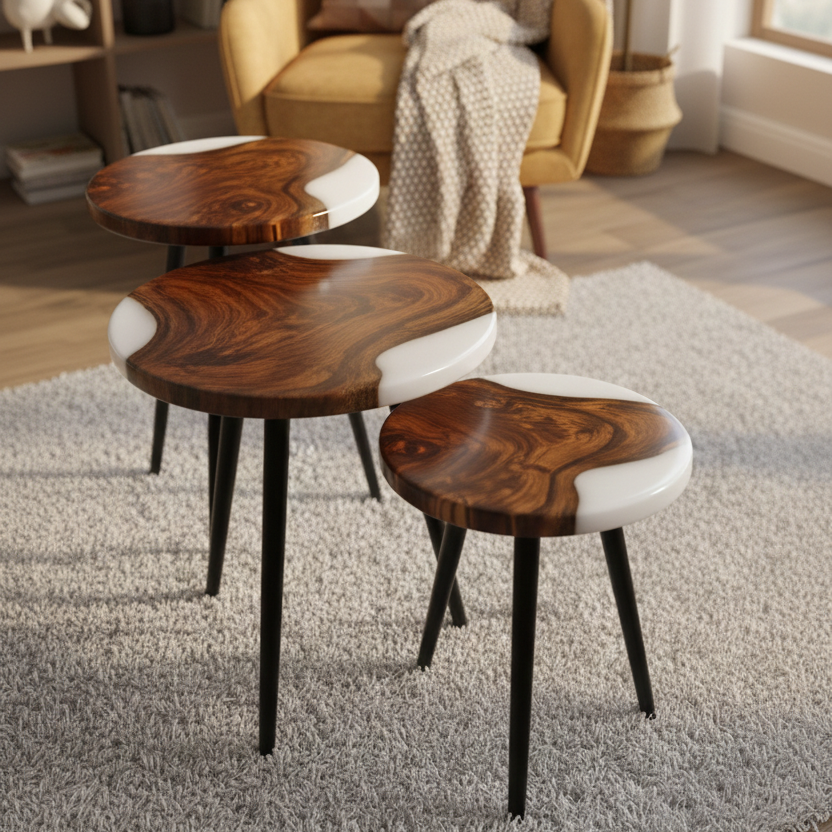 Wood & White Epoxy Nesting Tables – Set of 3 | Handcrafted by WeWood India