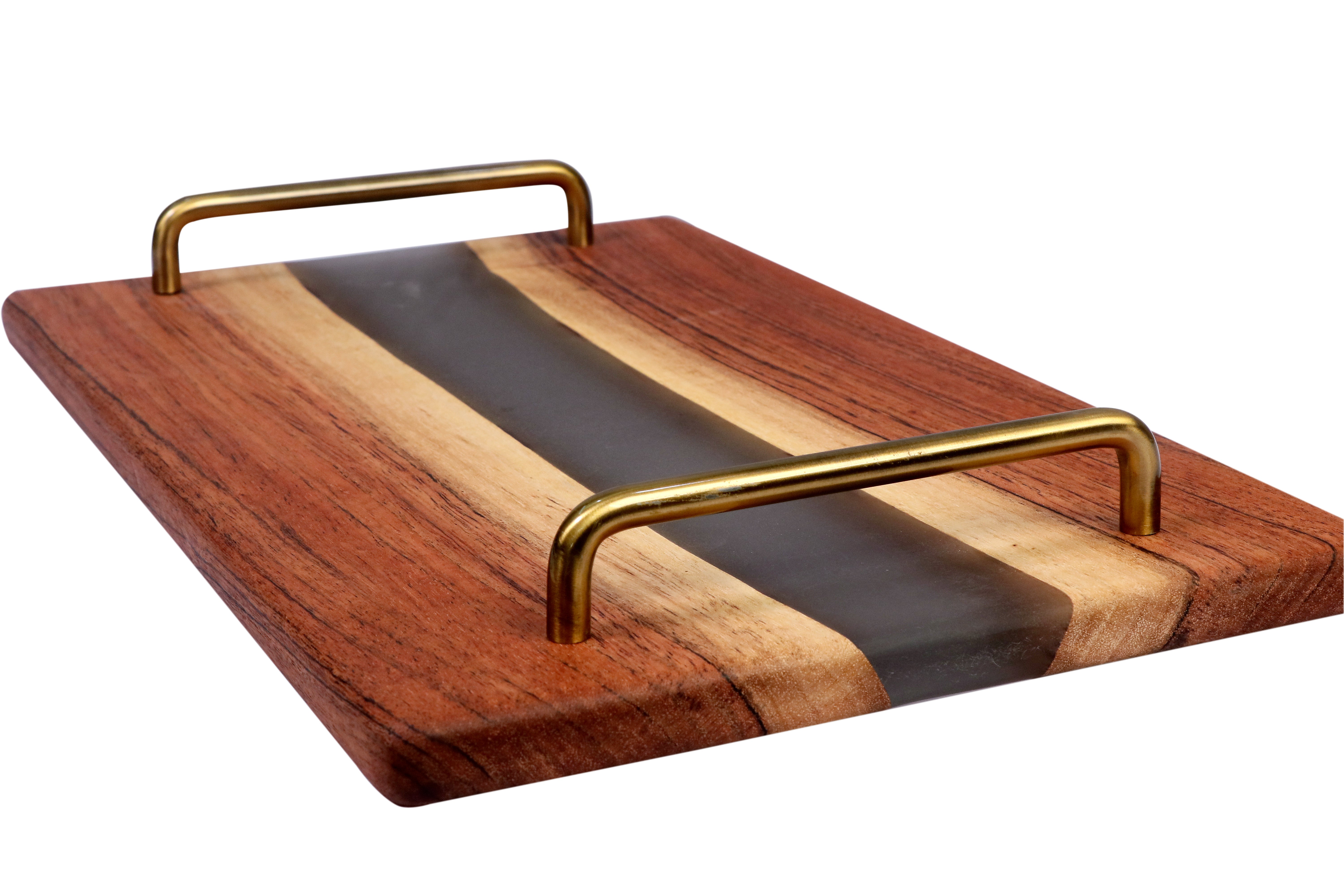 Handcrafted Acacia Wood & Grey Epoxy Serving Tray with Gold Handles