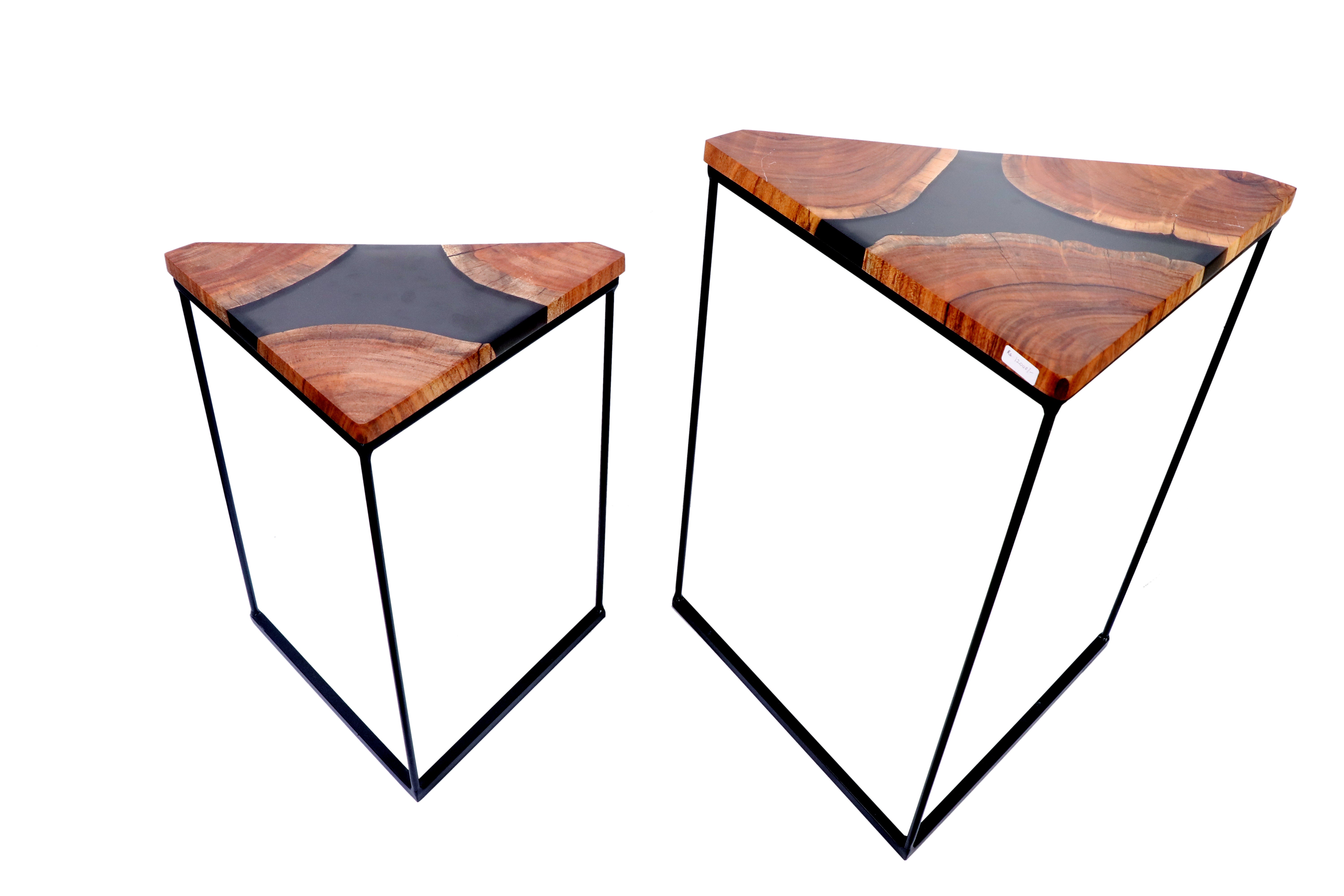 Handcrafted Triangular Wood & Black Epoxy Nesting Tables – Set of 2