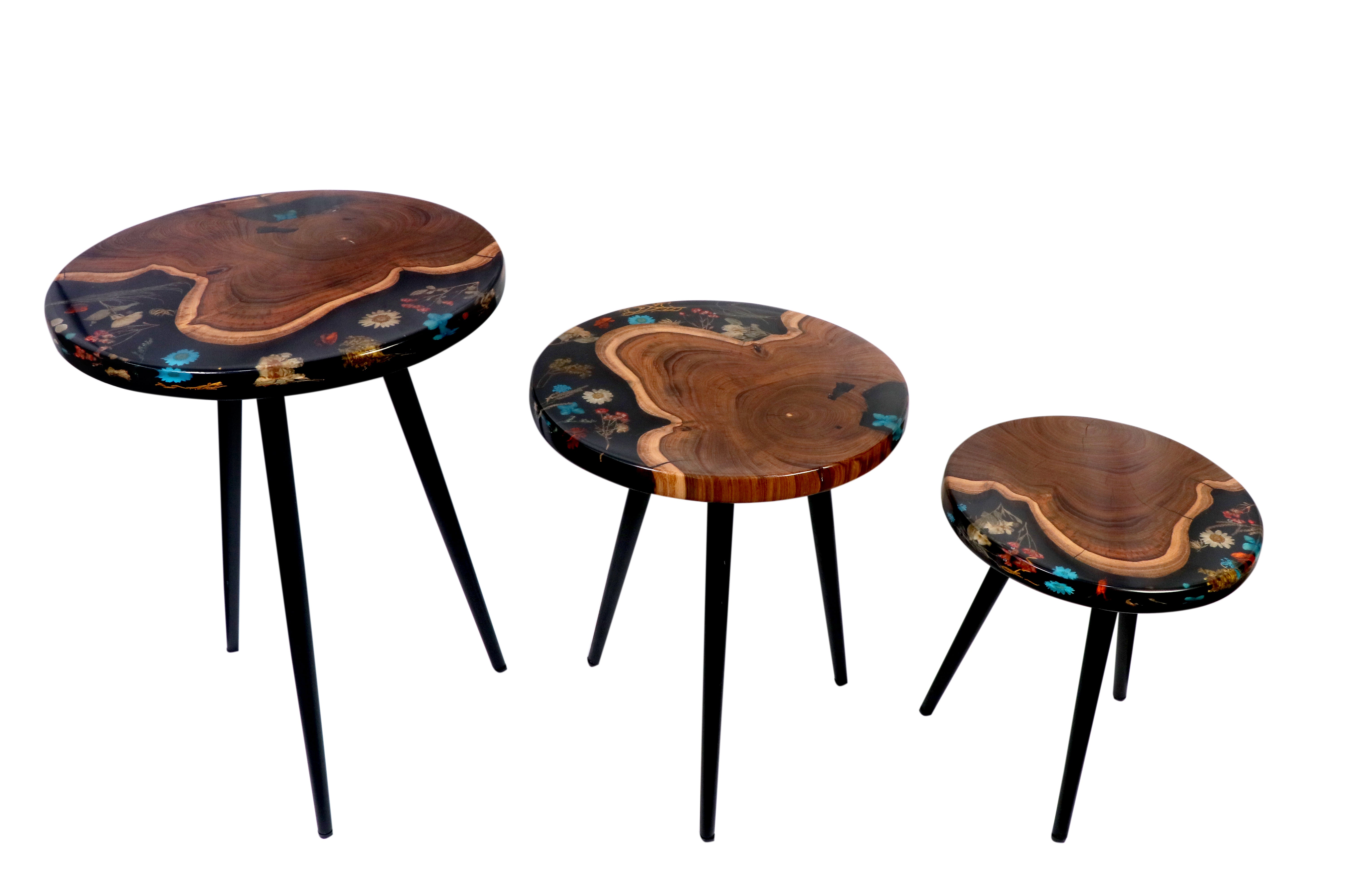 Black Floral Epoxy & Natural Wood Nesting Tables – Set of 3
