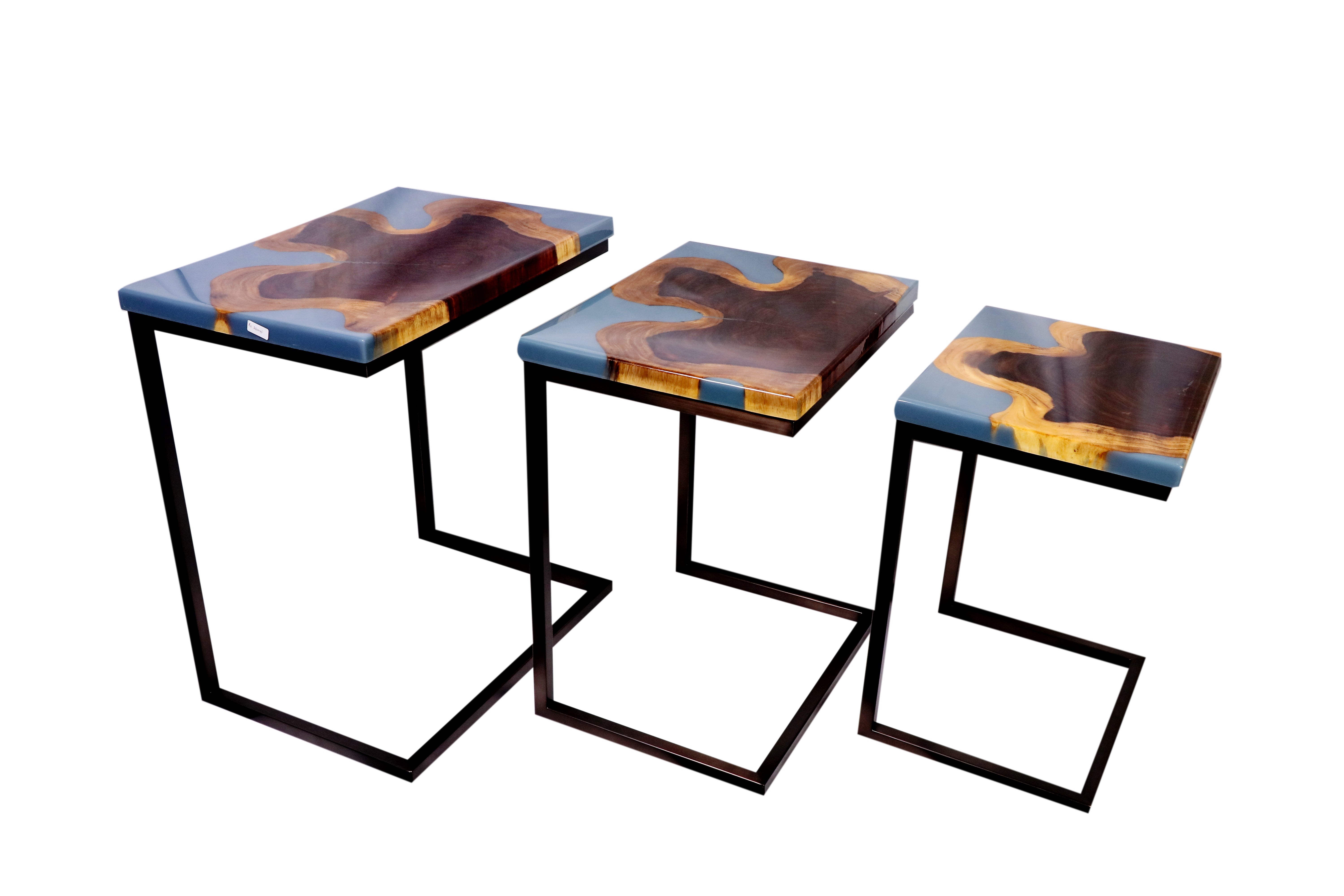 Live-Edge Blue Resin C-Table – Set of 3 (Handcrafted)
