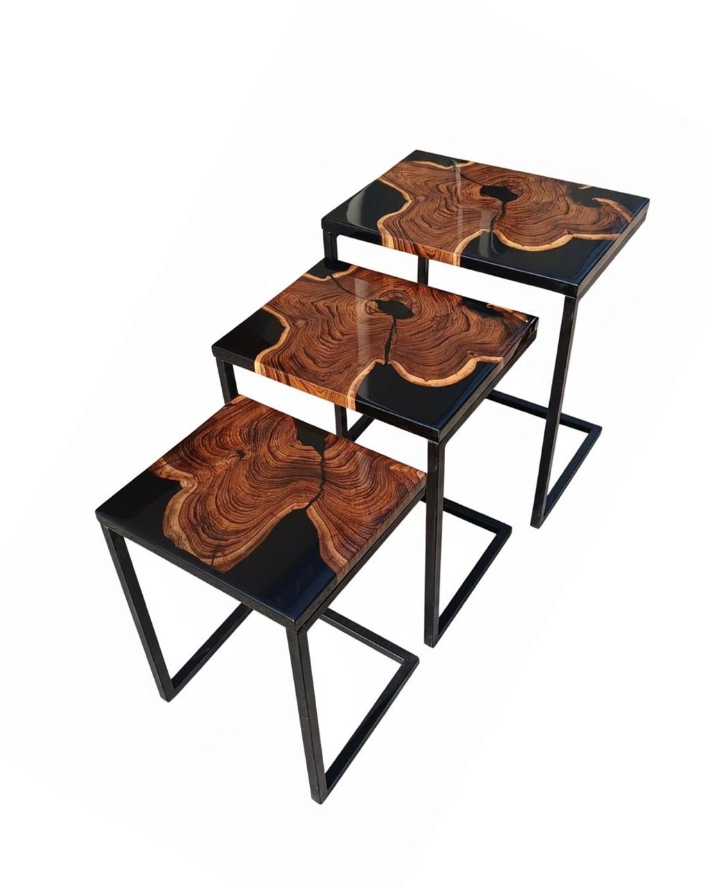 Nesting Tables Set of 3 – Wood & Black Resin Gloss FInish