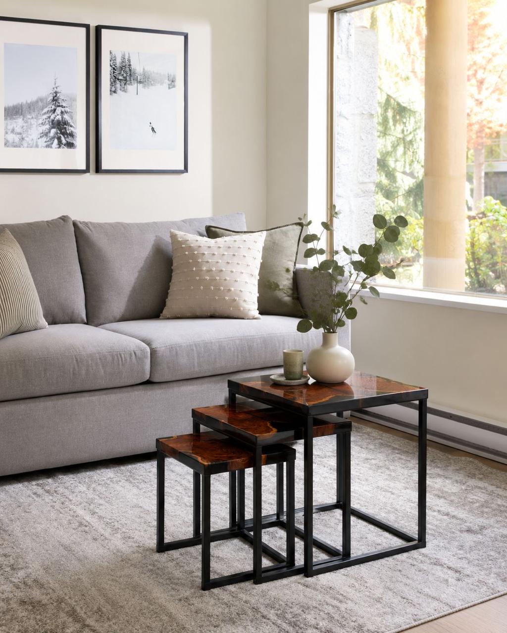 Nesting Tables Set of 3 – Wood & Black Resin Gloss FInish