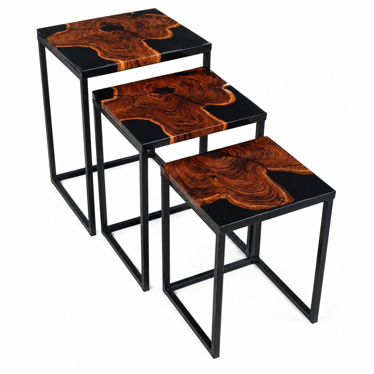 Nesting Tables Set of 3 – Wood & Black Resin Gloss FInish