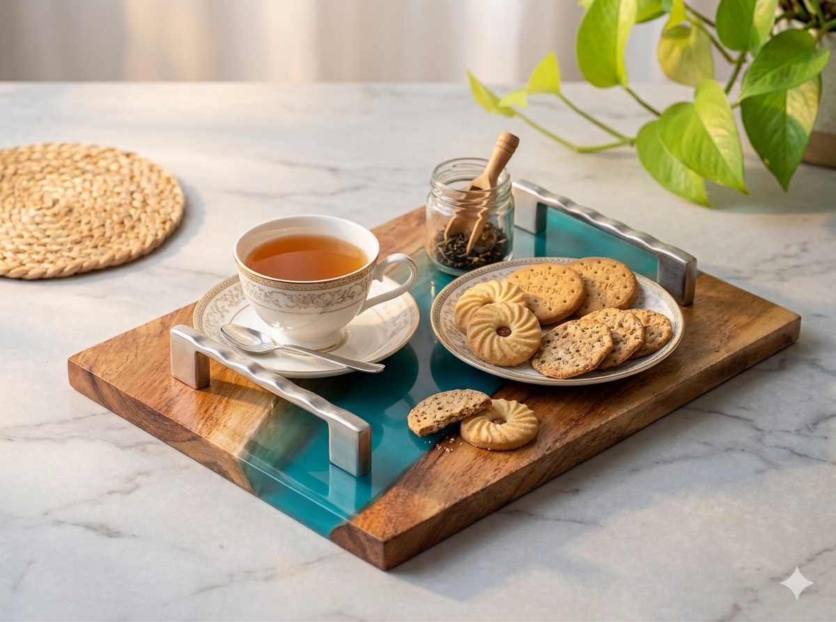 Elegant Wooden Tray - Aqua Resin Design (12" x 9") Color-Blue