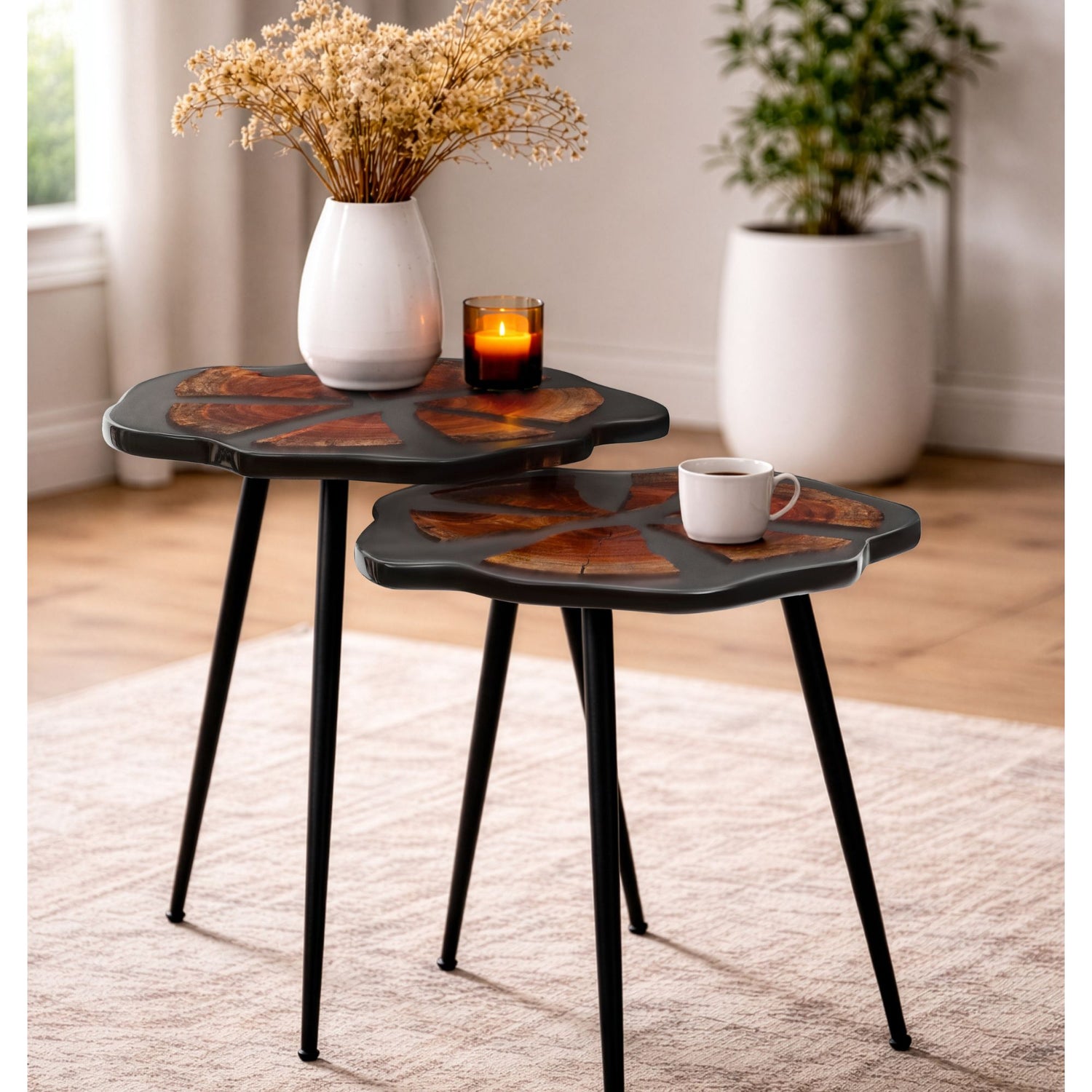 Premium Solid Wood Resin Rounf Nesting Side Tables (Set of 2)